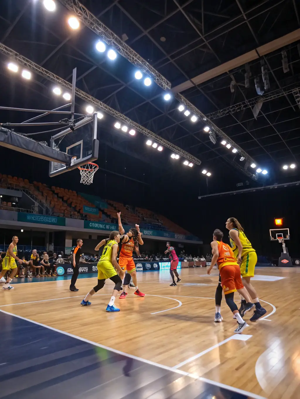 A dynamic action shot of a basketball game in progress, capturing the intensity and excitement of the league, with players in mid-air and the crowd cheering in the background.