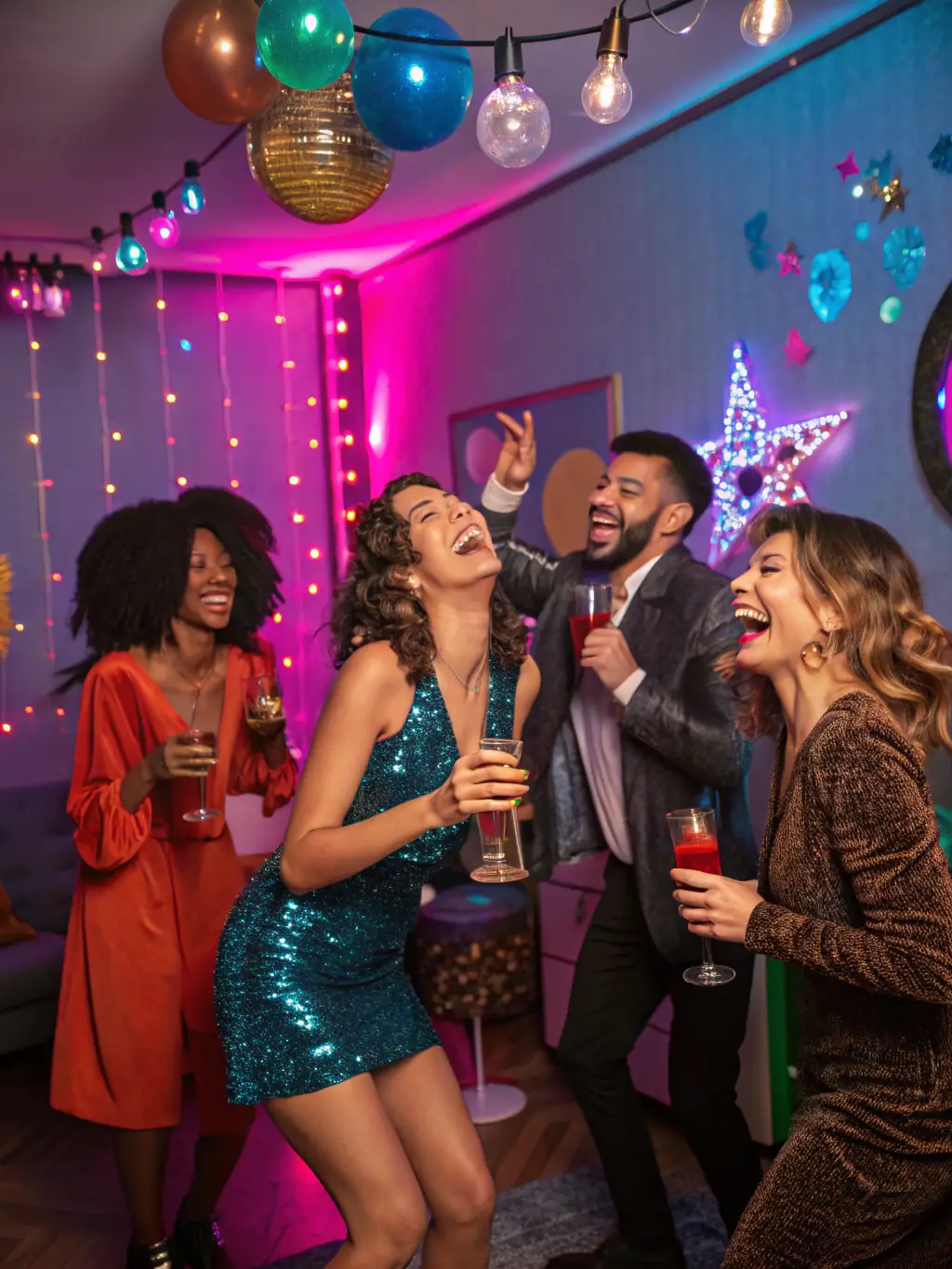 A diverse group of people participating in a themed costume party at GoGames, with vibrant decorations and fun activities.