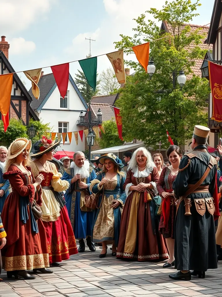 A captivating image of participants engaged in a historical reenactment game, dressed in period costumes and interacting in a historically themed setting.