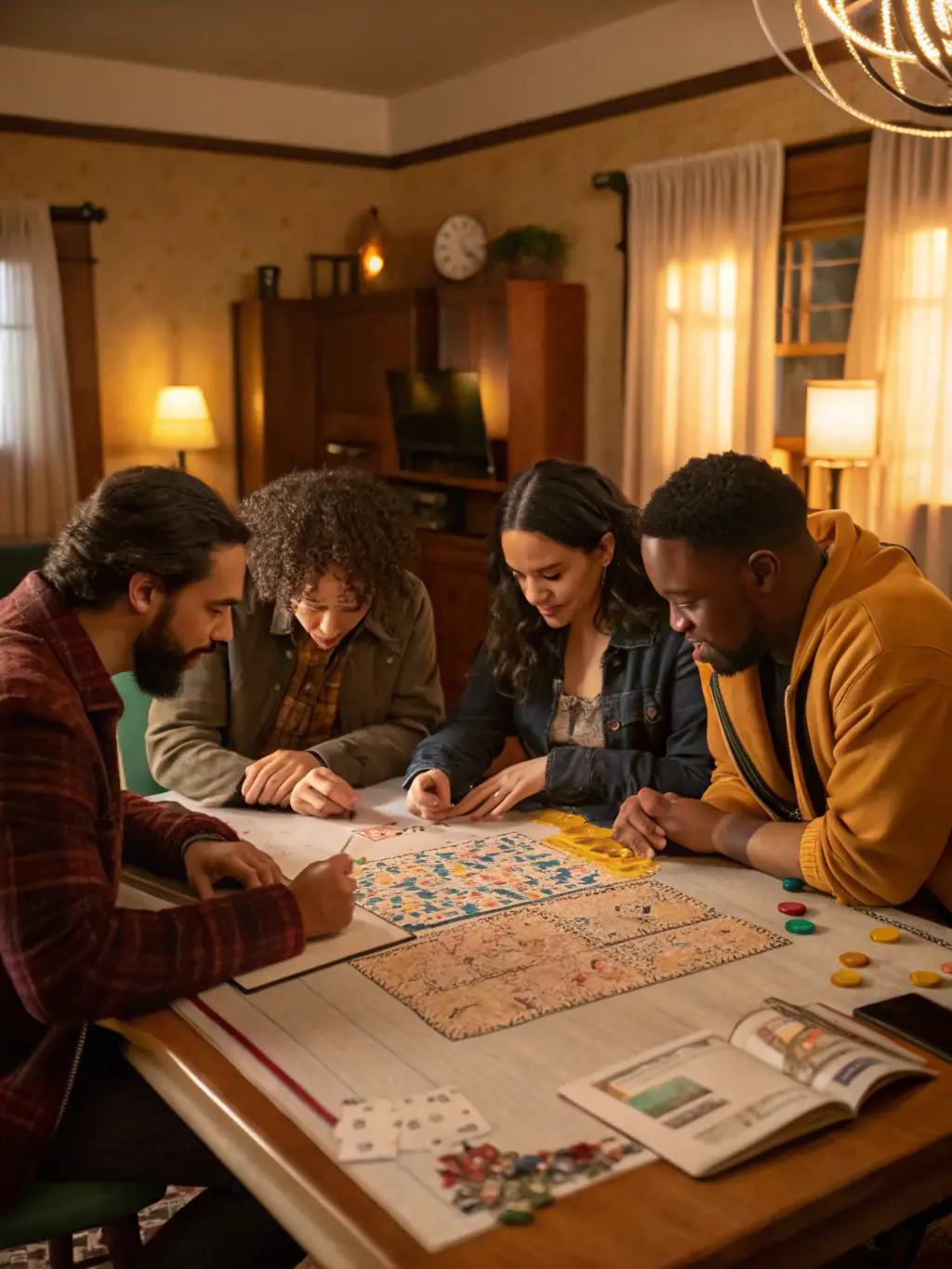 A dynamic photo of a group collaborating to solve a puzzle in an intricately designed escape room, highlighting the excitement and intensity of the game.