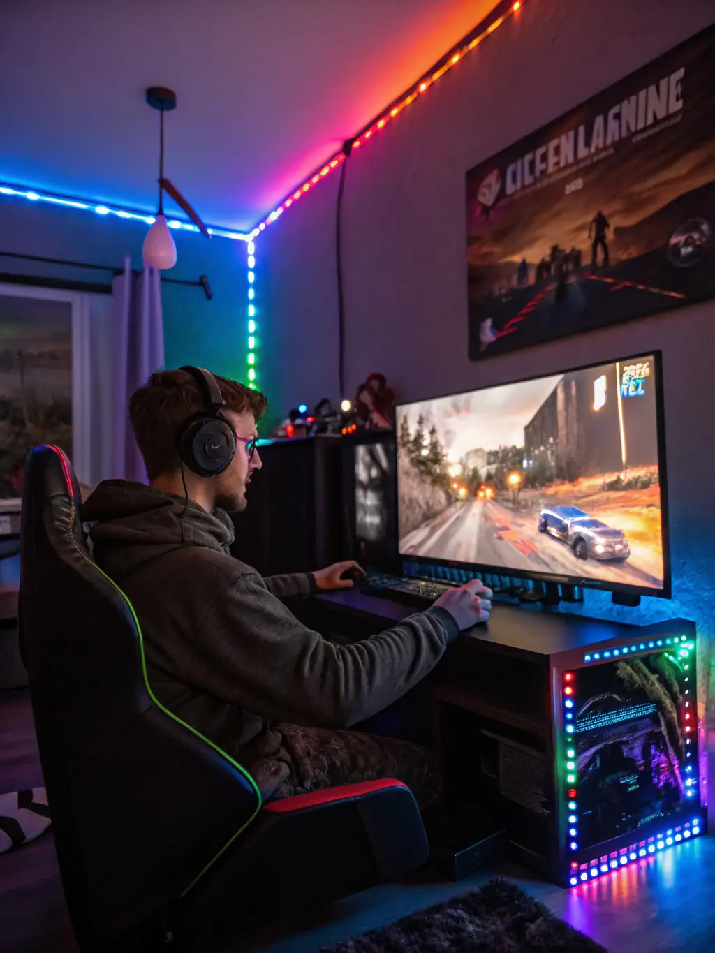 A close-up shot of gamers intensely focused on a video game, highlighting the competitive nature of the eSports league, with glowing screens and determined expressions.