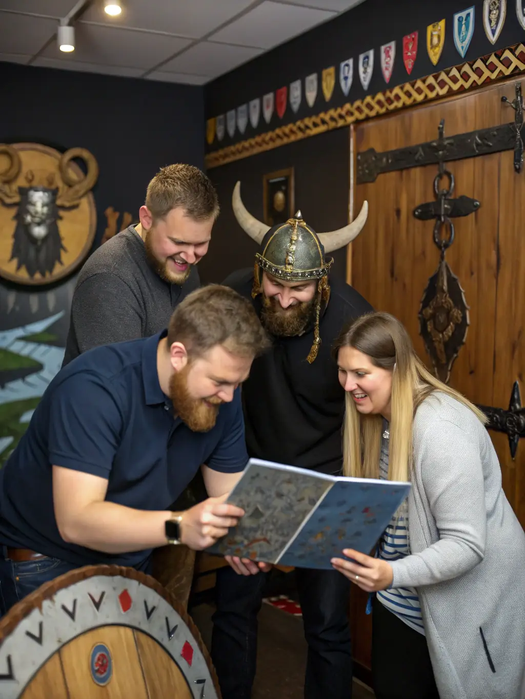 A group of people working together to solve puzzles in an escape room at GoGames, highlighting teamwork and problem-solving.