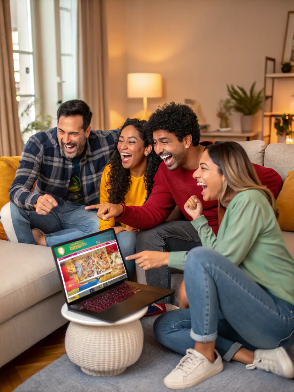 A vibrant image of a group of people playing a board game, showcasing the fun and social interaction of the board game league, with smiles and laughter all around.