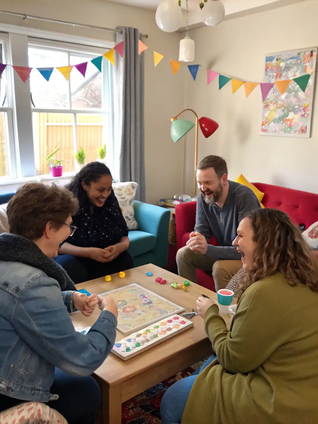 A group of people laughing and playing board games together in a brightly lit, cozy room, showcasing a casual game night at GoGames.
